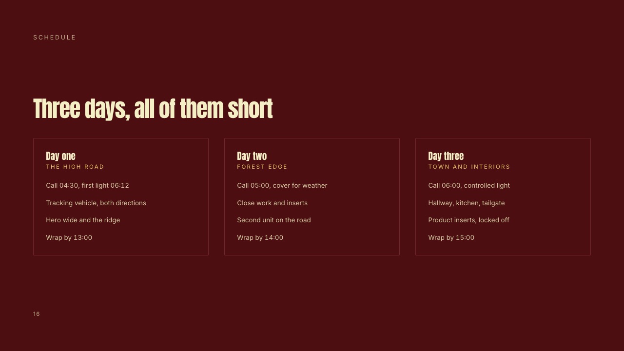 The Shoot days slide from Framekit's Director's Treatment for a Commercial, laying out three short shoot days with call and wrap times