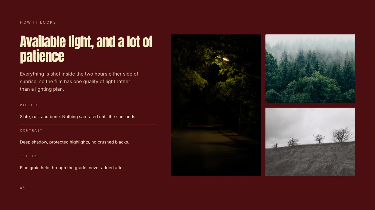 The visual approach page from the Director's Treatment for a Commercial template in Framekit Slides.