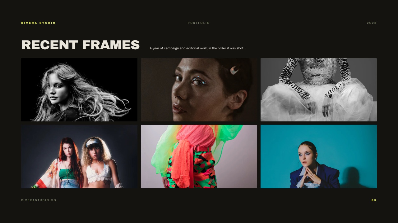 The recent frames page from the Framekit fashion studio portfolio template, a tight grid of campaign stills.