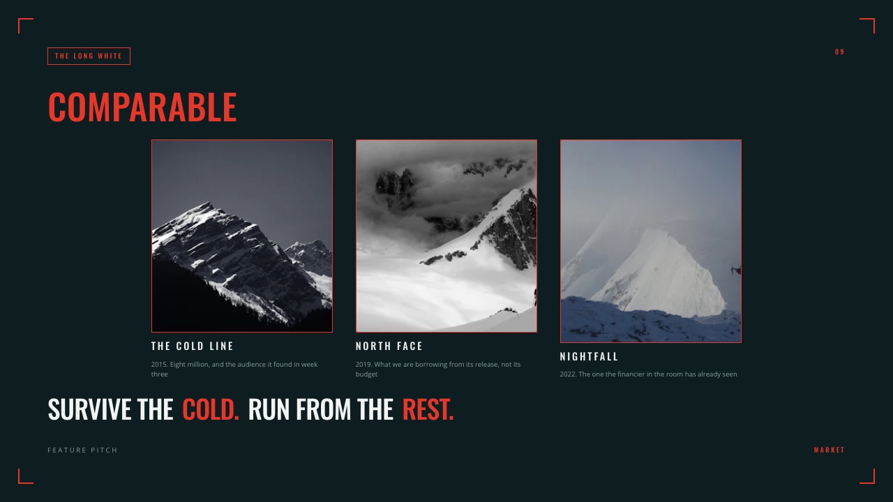 The Comparables slide of Framekit's Feature Film Pitch Deck template, three mountain images each captioned with a sample title, a year and one line