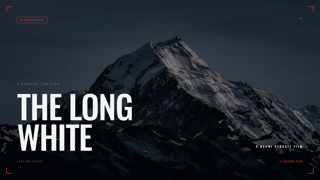 The cover slide of Framekit's Feature Film Pitch Deck template, laid out for a sample survival thriller called The Long White