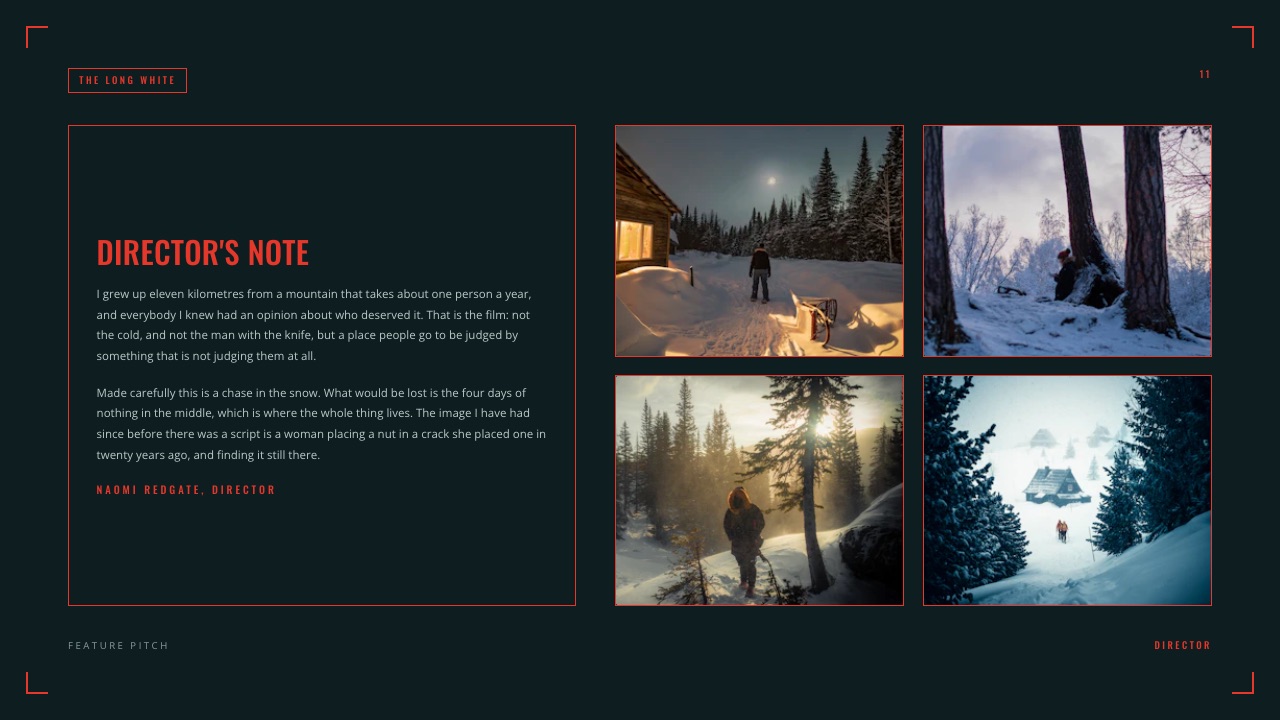The Director's note slide of Framekit's Feature Film Pitch Deck template, a short personal statement beside a grid of four snow and forest images