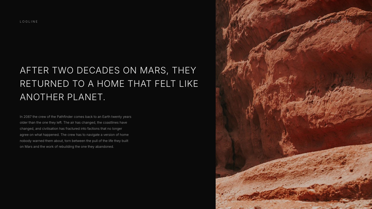 The Logline slide of Framekit's Film Financing Pitch Deck template, with a one-sentence logline in large type beside a full-height image of red rock