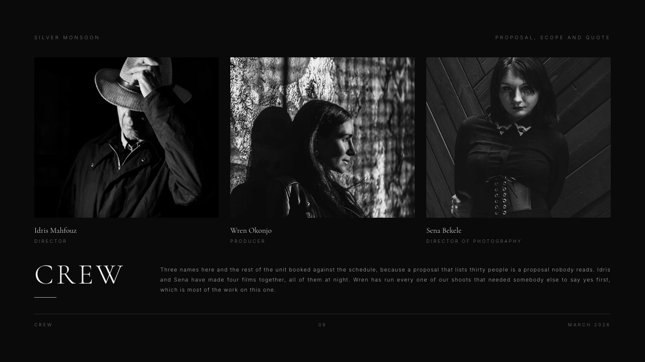 The Crew slide of Framekit's Film Production Proposal and Quote template, introducing three key crew with one line each