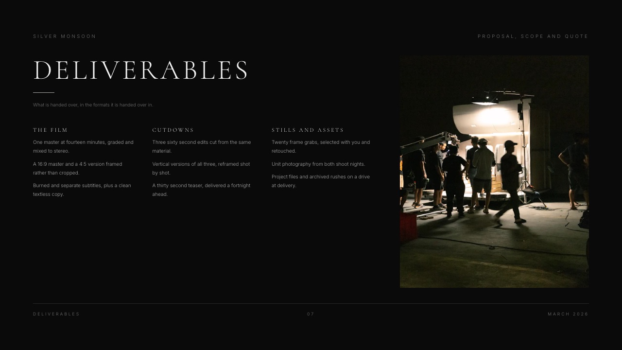 The Deliverables slide of Framekit's Film Production Proposal and Quote template, grouping the film, cutdowns and stills and assets