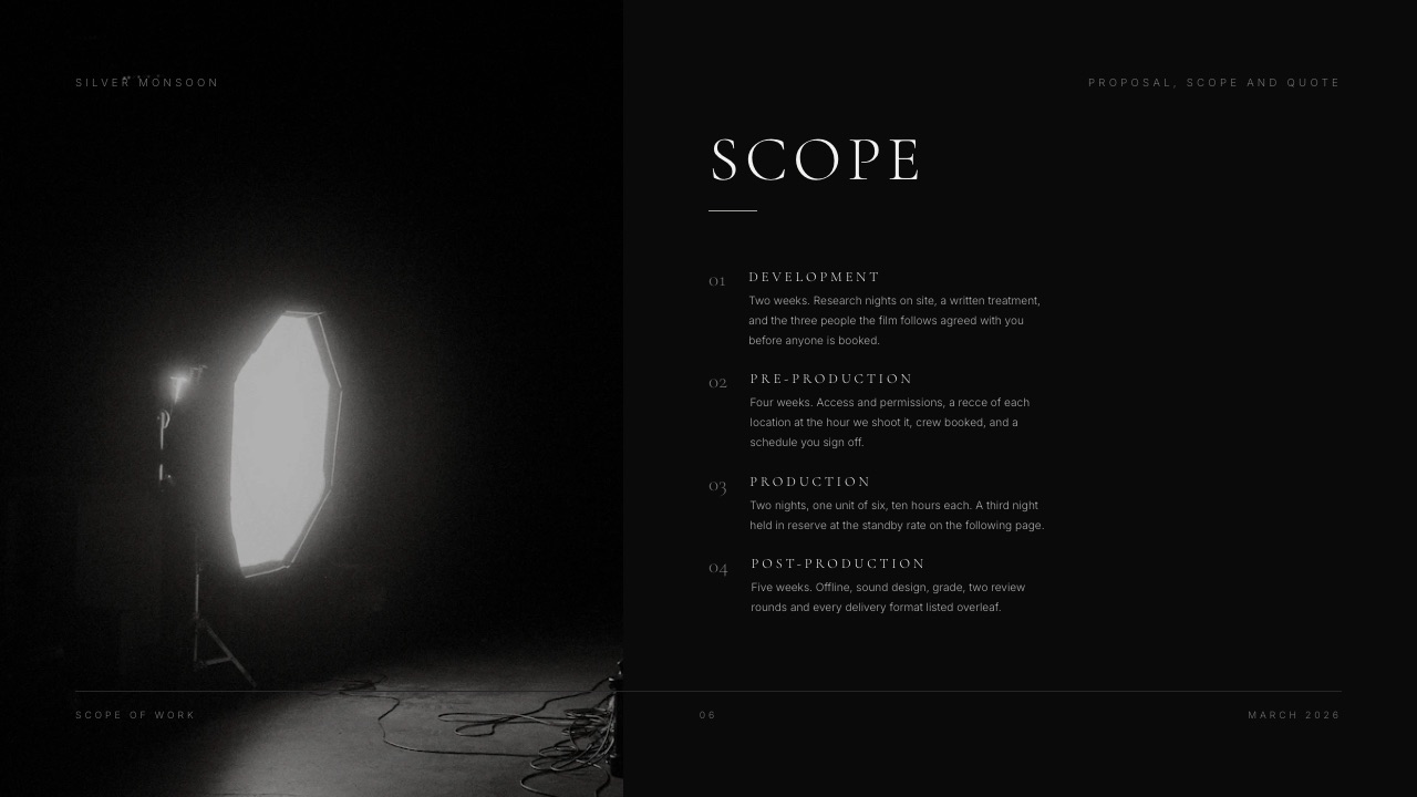 A 'Scope of work' page from a Framekit Slides production proposal, where the revision cap belongs.