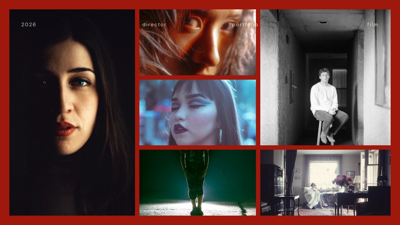 The selected frames page from the Framekit poster-style filmmaker portfolio template, four stills set against a deep background.