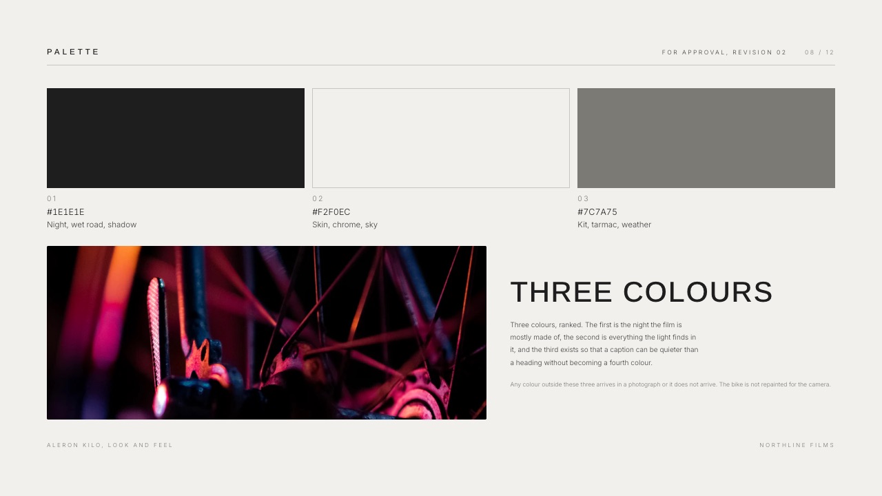 The palette page from the Mood Board and Look Approval template rendered in Framekit Slides.