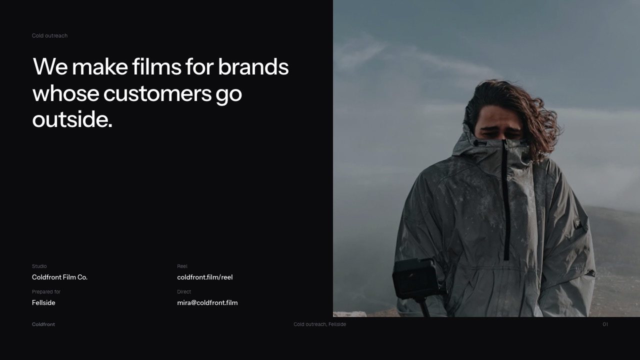 The cover of a Framekit cold outreach case study deck made for an outdoor brand, aimed at one company and not at everyone.