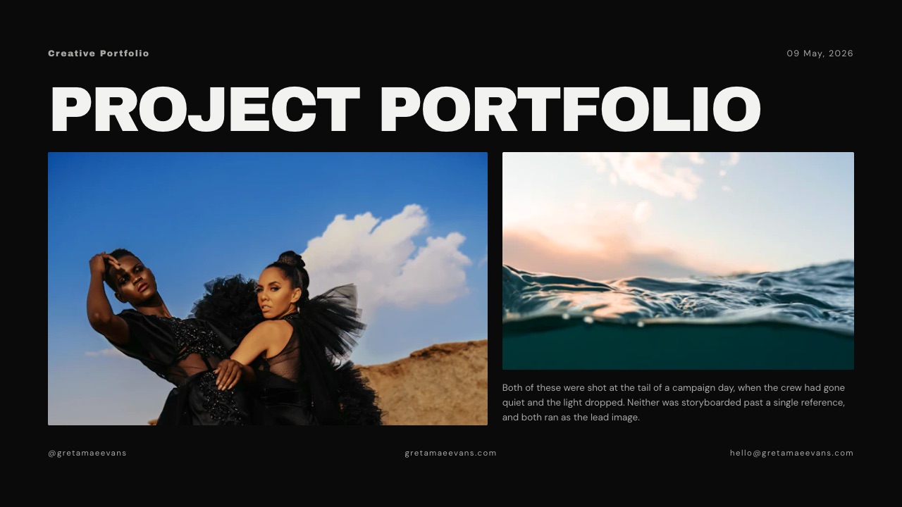 The portfolio slide from a Framekit Slides photographer and stylist portfolio template.