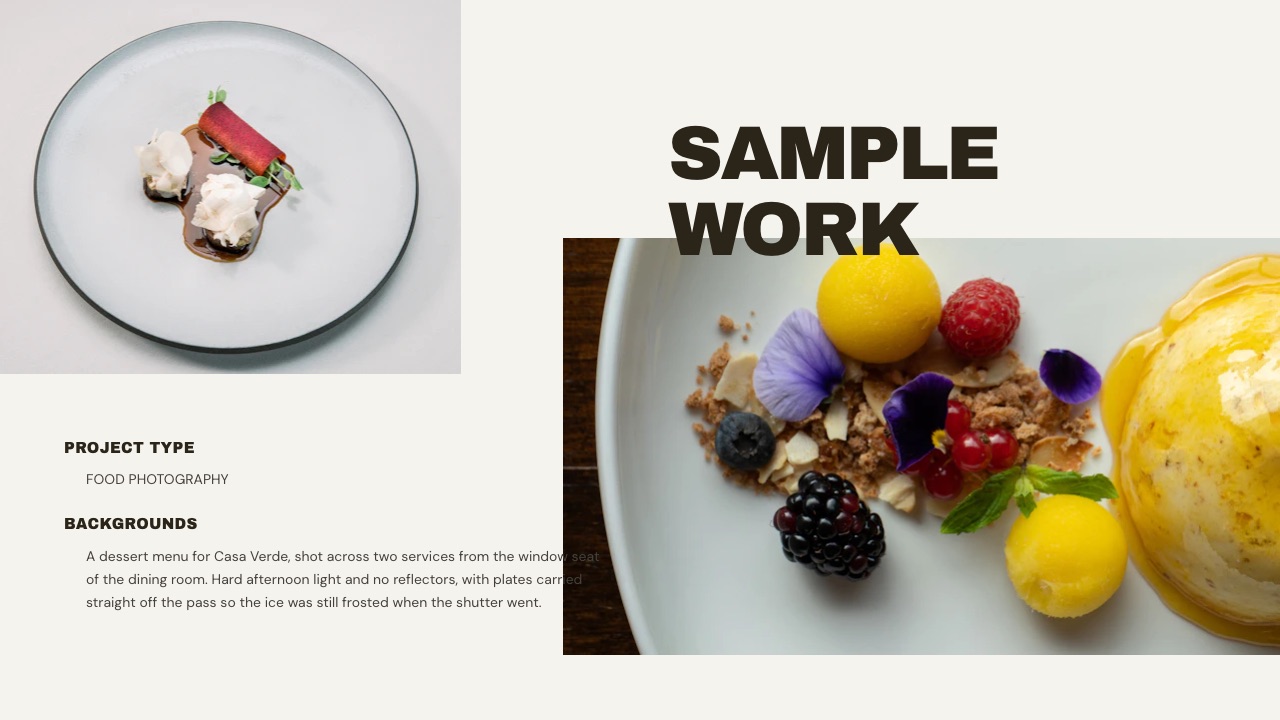 A sample work page from the Photography Portfolio Book template in Framekit Slides, the sequencing exercise that decides which frames survive the cut.