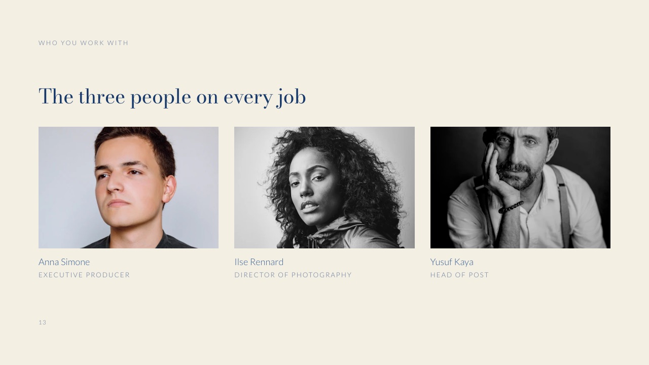 The Team slide of Framekit's Production Company Credentials template, headed 'The three people on every job', with an executive producer, director of photography and head of post