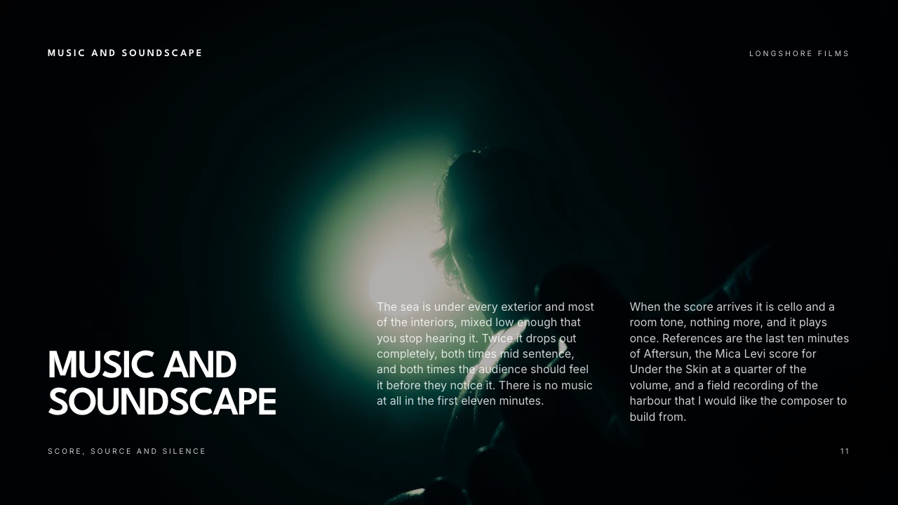 The music and soundscape slide from a Framekit Slides short film proposal, the kind of page that sets music expectations before the first cut goes out.