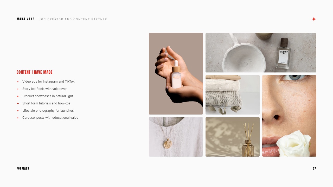 The Content I have made slide from Framekit's UGC Creator Portfolio and Media Kit template, a list of formats beside a grid of skincare, fragrance and knitwear product shots.