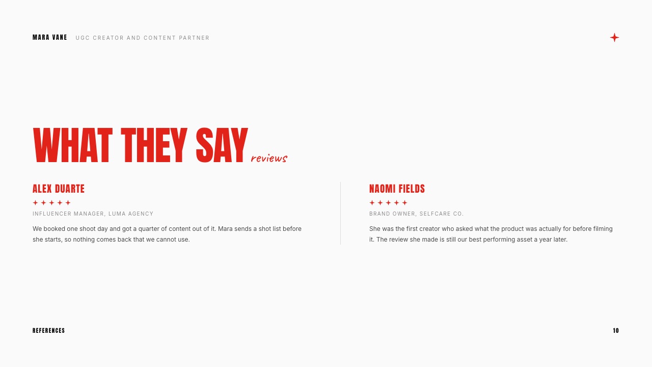 The Reviews slide from Framekit's UGC media kit template, two client quotes with names and roles for a fictional creator.