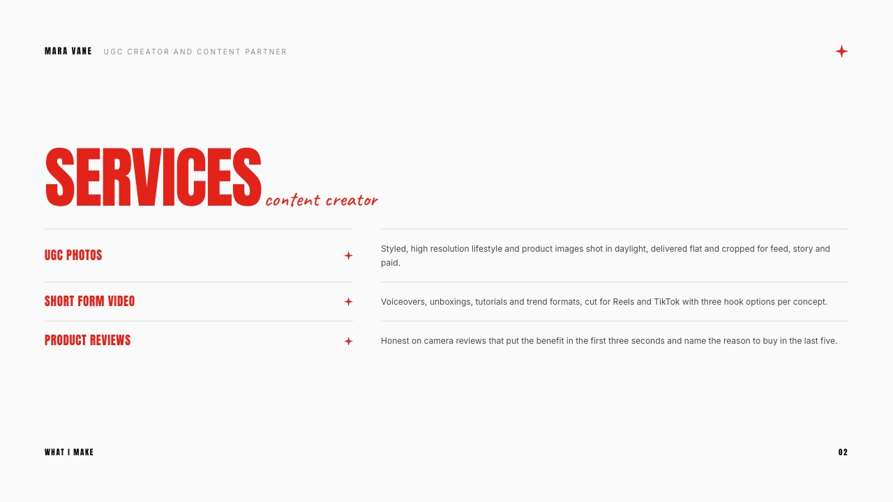 The Services slide from Framekit's UGC Creator Portfolio and Media Kit template, three service lines for UGC photos, short form video and product reviews with a one-line description of each.