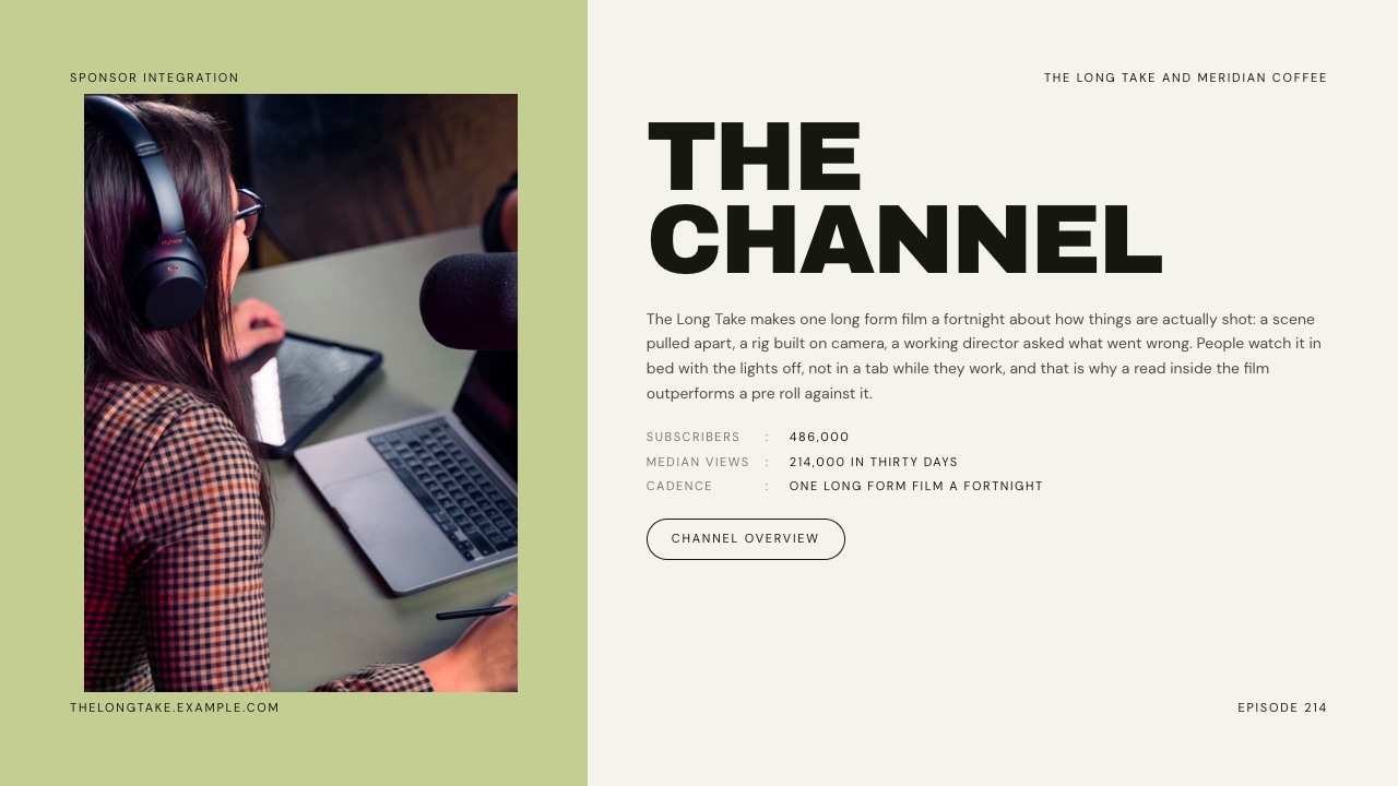 The Channel slide in Framekit's sponsor integration template, with subscribers, median views in thirty days and upload cadence listed next to a photo of a creator at a desk.